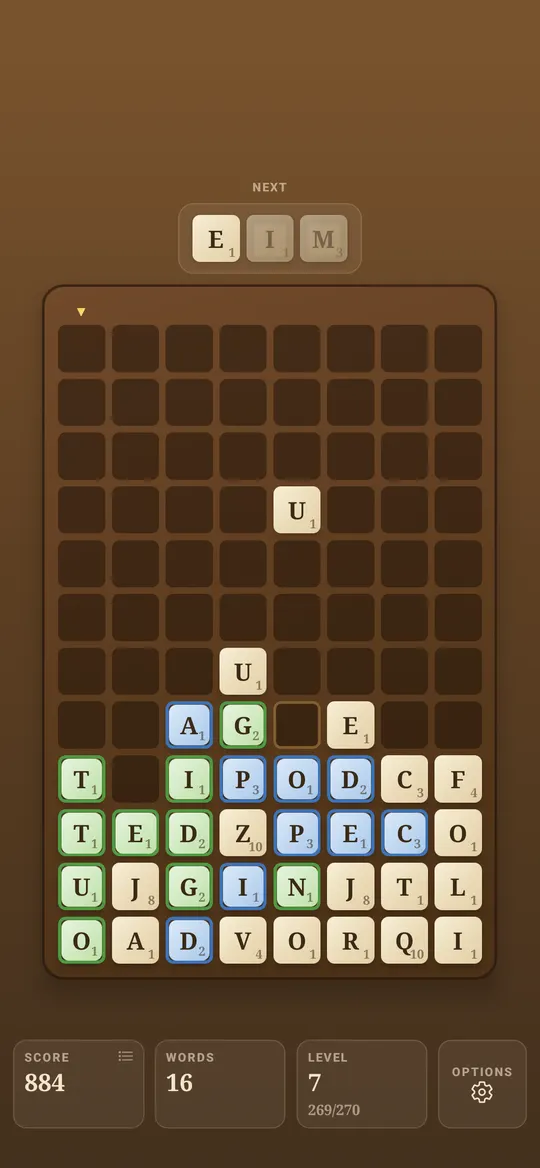 Words forming on the falling-tile board